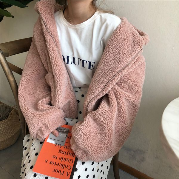 

oversize pink teddy coat 2019 zipper closed korean womens fur jacket with hat short casual autumn winter teddy jacket outwear, Black