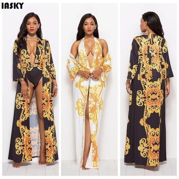 

iasky 2pcs set beach cover up + swimsuit set 2019 retro print women cover ups & one piece swimwear robe de plage j190718, Black;pink