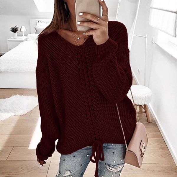 

fashion v-neck lace up knitted sweaters long sleeve solid stitching loose sweater autumn winter casual sweaters, White;black
