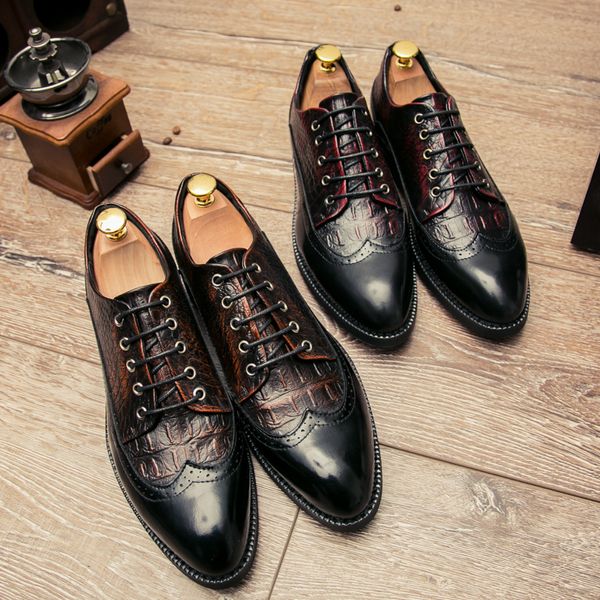 

lace-up wedding party shoes men's crocodile dress leather shoesmens business office oxfords flats plus size men fashion 2019, Black
