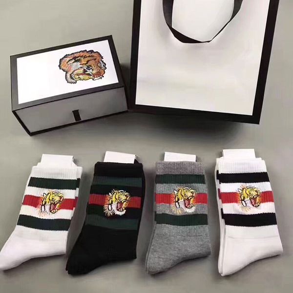 

4 color four pairs in box ace embroidery tiger head designer sock antibacterial cotton luxury shoes sport socks, White;pink