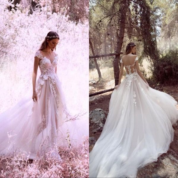 

2019 boho wedding reception dre e jewel neck with cap leeev a line lace 3d floral applique beach bridal wear robe de mariÃ©e