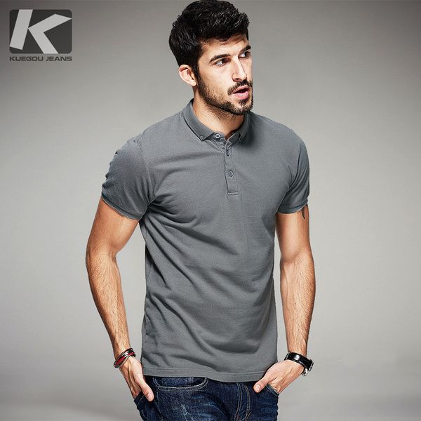 

Kuegou New Summer Mens 100 %Cotton Polo Shirts Black White Gray Brand Clothing Man 'S Short Sleeve Clothes Male Slim Tops 1524