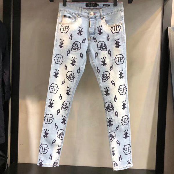 

2019 black stretch skinny fit bottom zipper jeans men knee ripped distressed hole biker jeans pants hip hop street big size xxxl, Blue