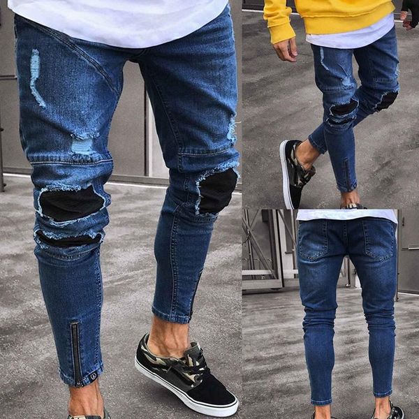 

мужчины голубые джинсы стрейч разрушенный ripped дизайн повседневный новая мода голеностопного zipper skinny jeans для мужчин, Blue