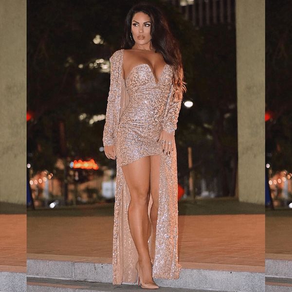 

bkld 2019 two piece set fashion autumn outfits v-neck bodycon mini dress long sleeve coat sequined two pieces women sets, White