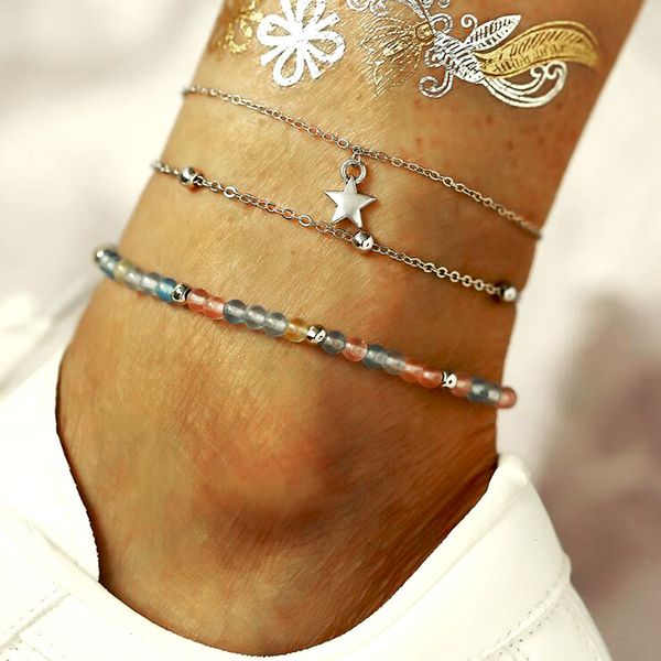 

3pcs women anklet set beach boho bracelets femme bohemia silver star chain acrylic beads charm bracelet vintage jewelry 2019 new, Red;blue
