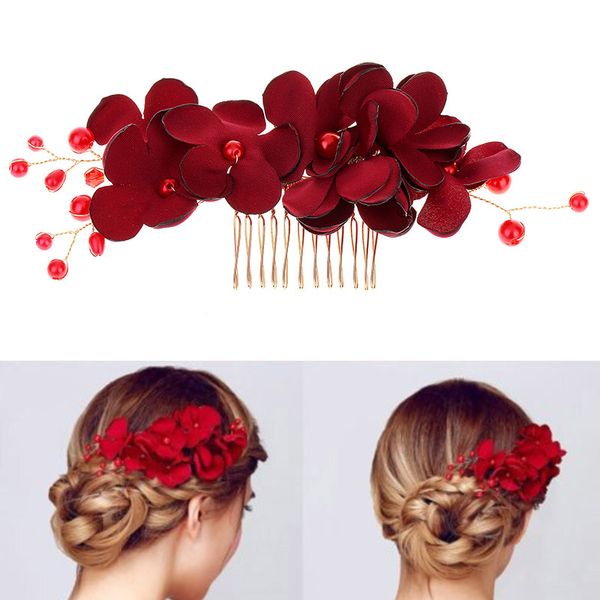 

bride hair comb ornaments red flower handmade wedding headdress js24, Golden;white