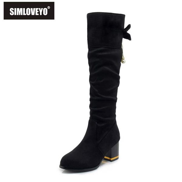 

simloveyo shoes women winter knee boots thick heel round toe flock botas zapatos de mujer slip on solid feminino solid b1011, Black