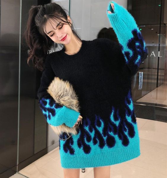 

women's sweaters autumn and winter fashion flame pattern loose long sleeve sweater women, White;black