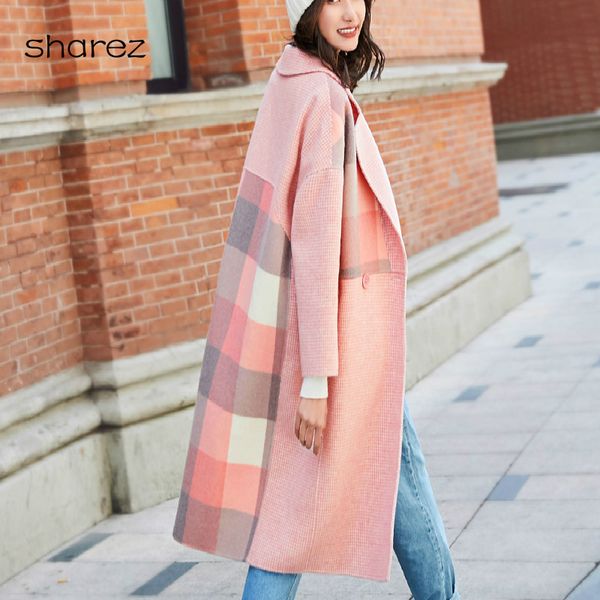 

2019 new long pink section woolen coat women winter plaid blends female woolen jacket women's fashion autumn coats lady, Black