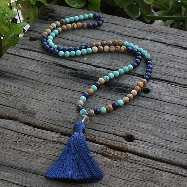 

8mm lapis lazuli and picture stone mala beads necklace, stones japamala necklace, 108 bead mala, mala jewelry, prayer beads, Silver