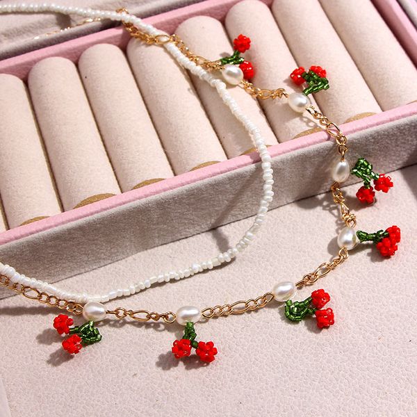 

just feel korean fashion new handmade beaded pendant necklace cute cherry fruit necklace for women girls statement jewelry gift, Silver