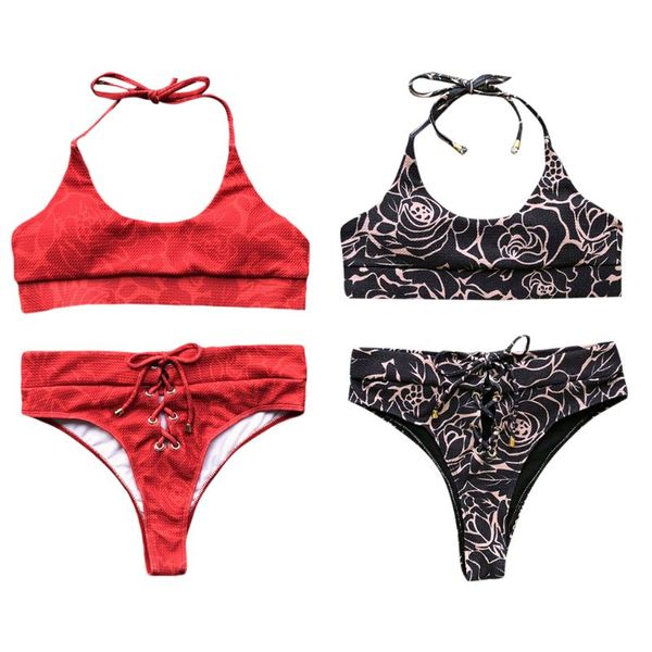 

women two piece bikini set halter deep scoop neck bralette high waist criss cross drawstring triangle bottoms boho floral p, Red;black