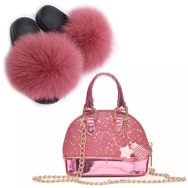 

baby girl slippers fur slippers girls fur girls new children's chain shell bag fashion sequin children bag, Black;red