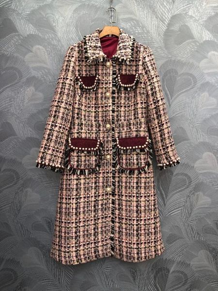 

2019 autumn winter women plaid tweed overcoat chic pearls beading elegant women coat b275, Black