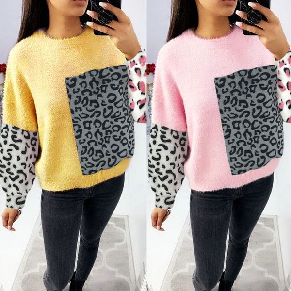 

european and american women's clothing casual round neck leopard pattern stitching loose fleece pullover, White