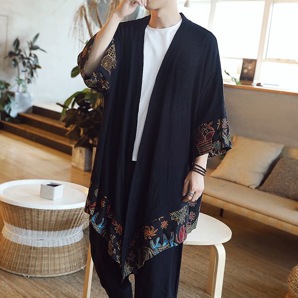 

2019 spring new style chinese-style men's cotton linen trench coat fashion loose mid-length large size mantle casual gown, Tan;black