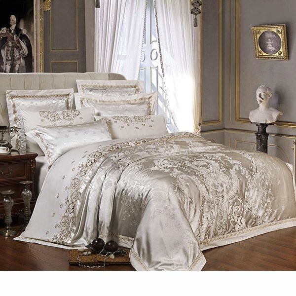 Sliver Golden Luxury Satin Jacquard Bedding Sets Embroidery Bed
