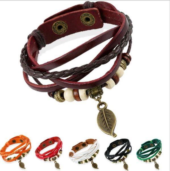 Großhandel Vintage Holz Perle Echtes Leder Armband Metall Blatt Anhänger Charme Punk Leder Armband Für Frauen Männer Geschenk