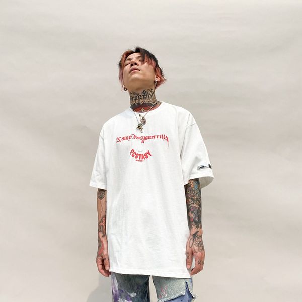 

e-baihui men's short-sleeved t-shirt letter printing street tide brand hip-hop lazy wind loose round neck five-point sleeves, White;black