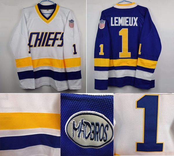 

men's Denis Lemieux Charlestown Chiefs Jersey #1 Slap Shot Movie Hockey Stitched S-3XL