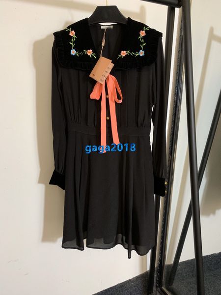 

high end women girls mini shirt dress embroidery floral print velvet sailor collar long sleeve a-line short skirts fashion design dresses, Black