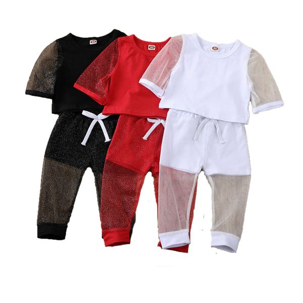 

clothing sets 2021 fashion lace shining short sleeve pants toddler baby formal party clothes girl kid 1-5y, White