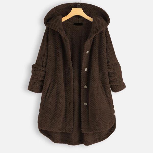 

2020 women leisure autumn winter coat solid color buttons long length overdress hooded coat long-sleeved hooded stitching loose, Tan;black