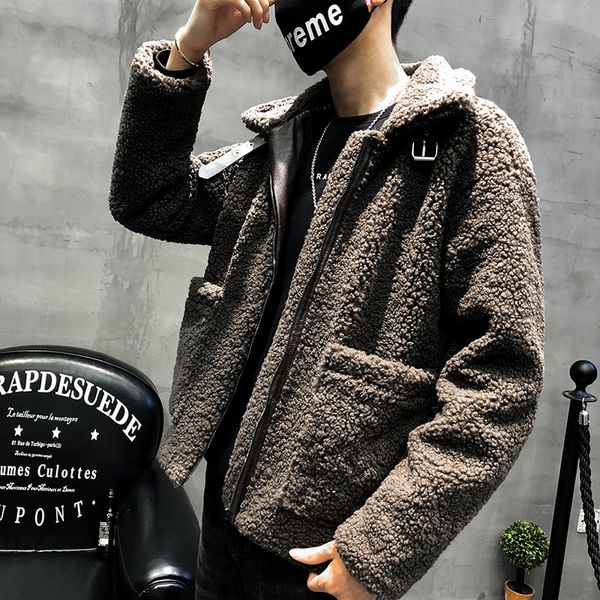 

winter lamb hair jacket men's warm thick parka men fashion solid color casual plush coat man streetwear loose cotton jacket male, Black
