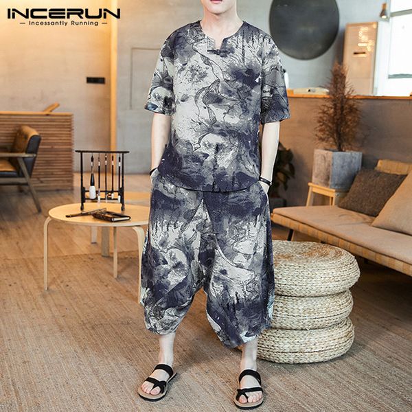 

incerun chinese style printed men sets short sleeve v neck ethnic shirt elastic waist casual pants streetwear men sets 2 pieces, Gray