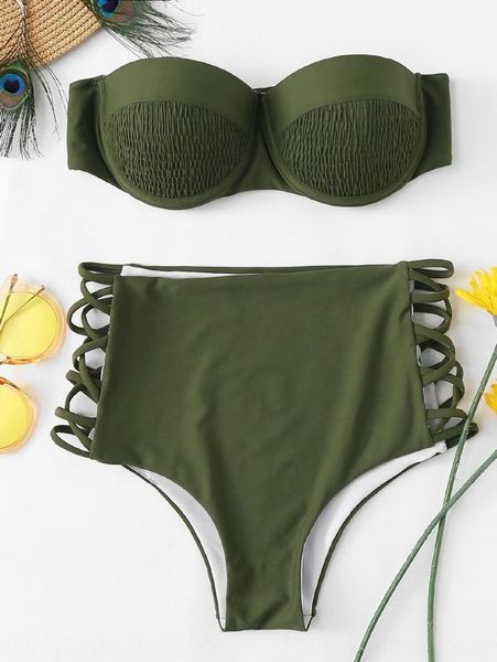 

2019 with swimsuit lazy wrinkles high waist with steel holder gathered multi-rope swimsuit, White;black