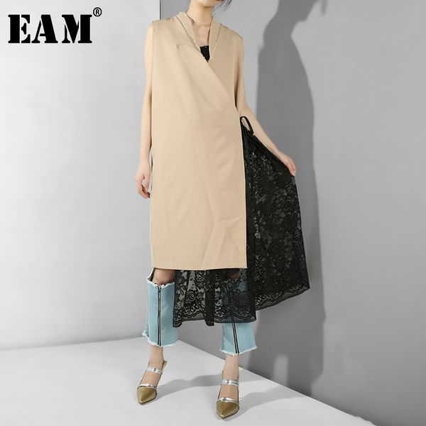 

eam] women khaki lace split joint bandage long loose fit vest new v-collar sleeveless fashion tide spring autumn 2019 jk596, Black;white