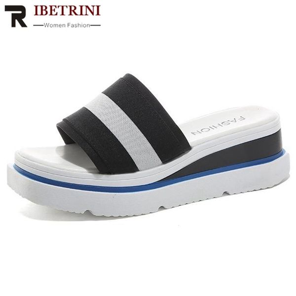 

ribetrini new classic design platform shoes women comfy med wedges slippers casual slip-on summer slides, Black