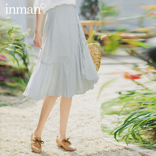 

inman 2020 summer new arrival irregular ruffled elegant fairy slimmed stripe lady skirt, Black