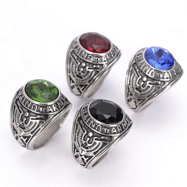 Ufficiali in acciaio inossidabile degli Stati Uniti Ring dell'esercito USA RETRO SILVER MILITALE USA Rings Gioielli con pietra verde blu nera rossa