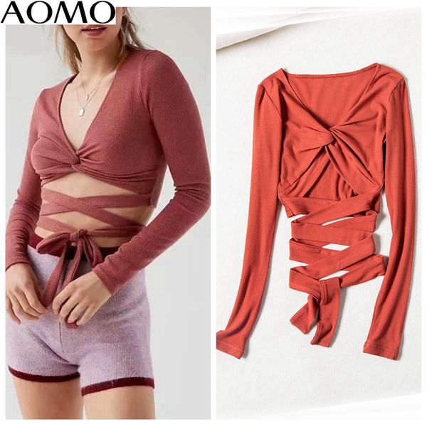 

aomo women vintage solid cross bow t shirt long sleeve v neck tees ladies casual tee shirt street wear ch08a, White
