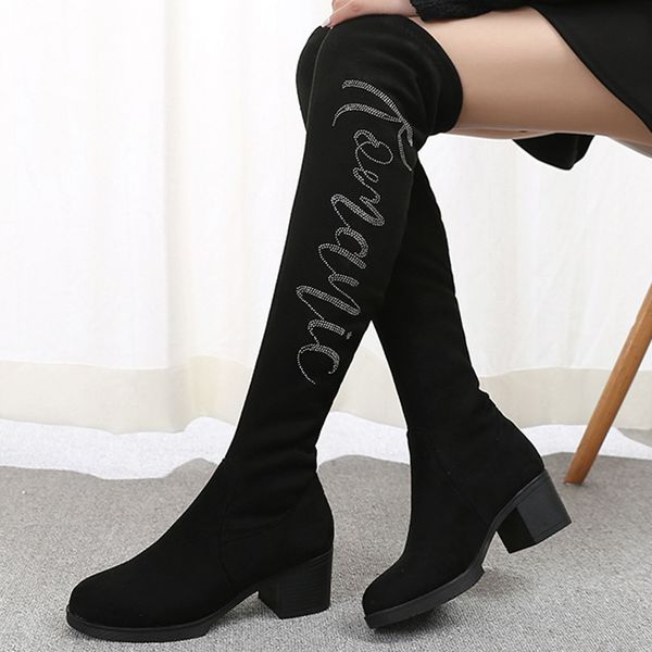 

мода женщины boots площади высокие каблуки зимняя обувь женщина письмо над коленом высокие сапоги для женщин круглый toe бота feminina # n30, Black