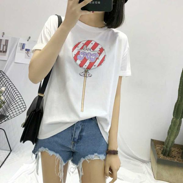 

женская футболка ранней весной новый круглый вырез леденец печатный хлопок удобные свободные короткие рукава футболки, White