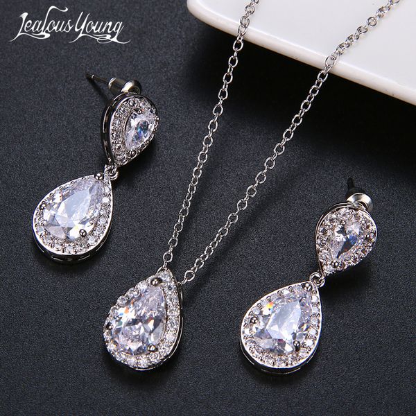 

fashion nigerian water drop wedding jewelry sets teardrop cubic zirconia silver color jewelry set for women bridesmaids gift