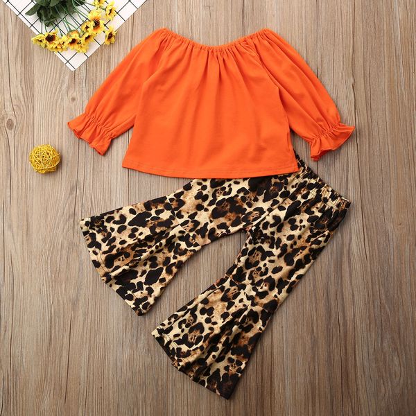 

1-6y toddler kids baby girl long sleeve t-shirt leopard flare pant bell bottom 2pcs outfits girls clothing set, White