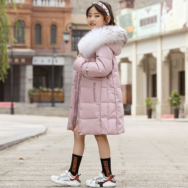 

new children down clothes winter thicken warm coat girls fashion long down jackets students down coat with fur collar, Blue;gray
