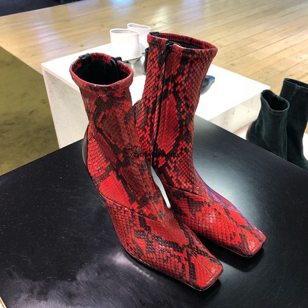 

color snake print leather women boots luxury designer rome zapatos de mujer square toe thin heels retro botas mujer new, Black
