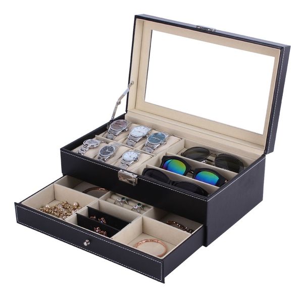 

pu leather watch jewlery box double layers 6+3 grids watch glassess holder rings bracelet storage jewelry display casket, Black;blue