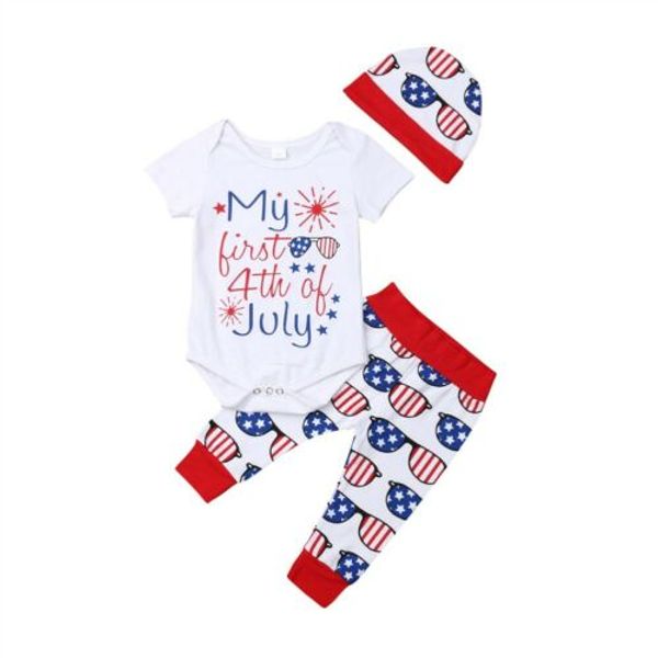 

4th of July 3Pcs Newborn Baby Boy Romper Tops+Long Pants Hat Outfits Toddler Baby Clothes 0-24M