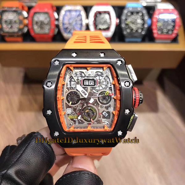 

Luxry 11 03 big date 43mm flyback chrono black keleton dial miyota automatic men watch black teel ca e orange rubber trap watche
