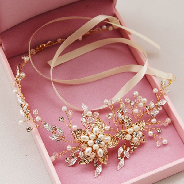 

elegant wedding bridal hair accessories tiara crown headband imitation pearl crystal flower ribbon women hair jewelry jl, Golden;white
