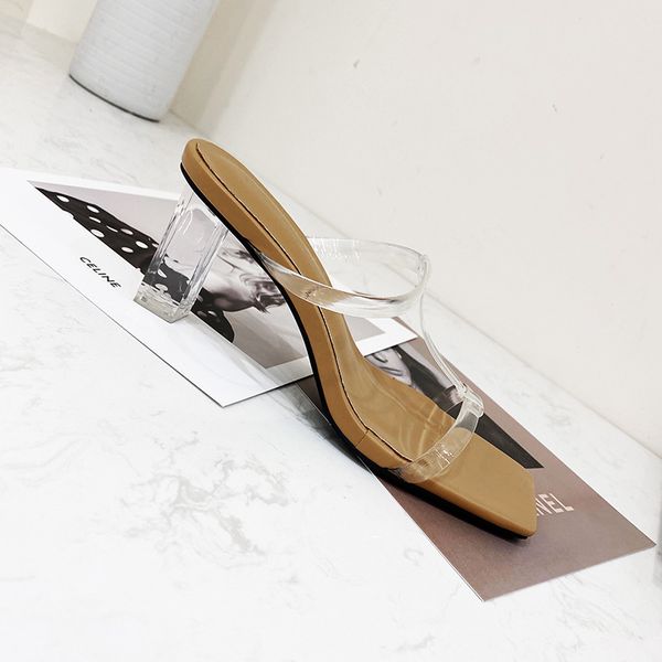 

summer pvc transparent women outdoor slippers open toe clear hollow out square high heels ladies sandals shoes, Black
