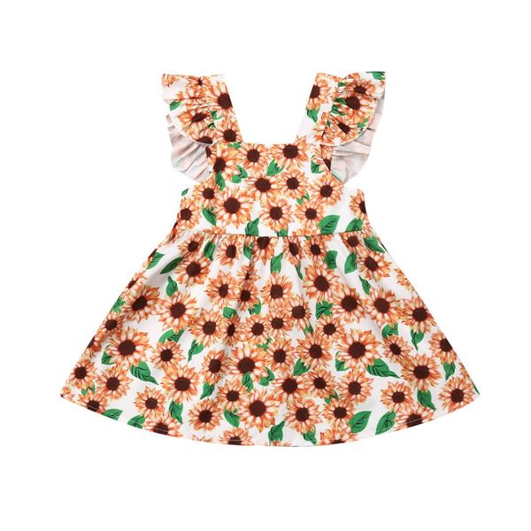 

newborn baby girl sunflower dress toddler girls ruffle floral print shoulder straps sundress sleeveless dress summer 2019, Red;yellow
