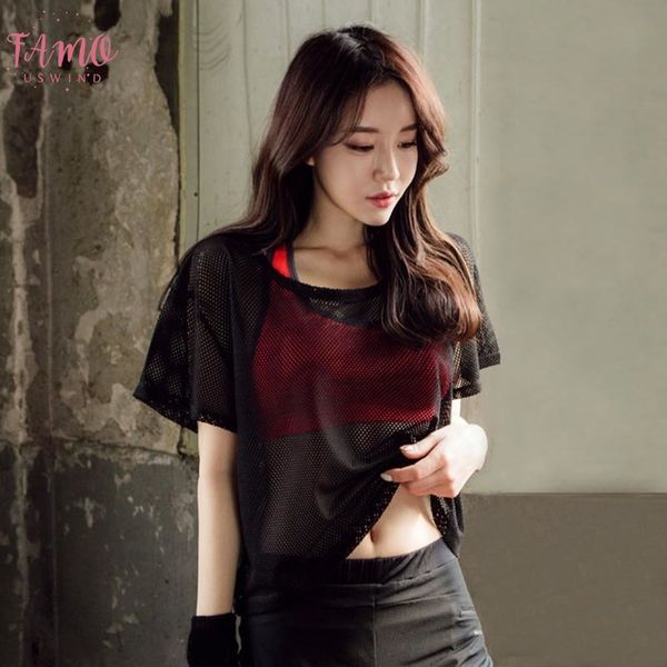 

polyester summer transparent tee women short sleeve mesh hollow out t shirt quick drying femininas clubwear, White